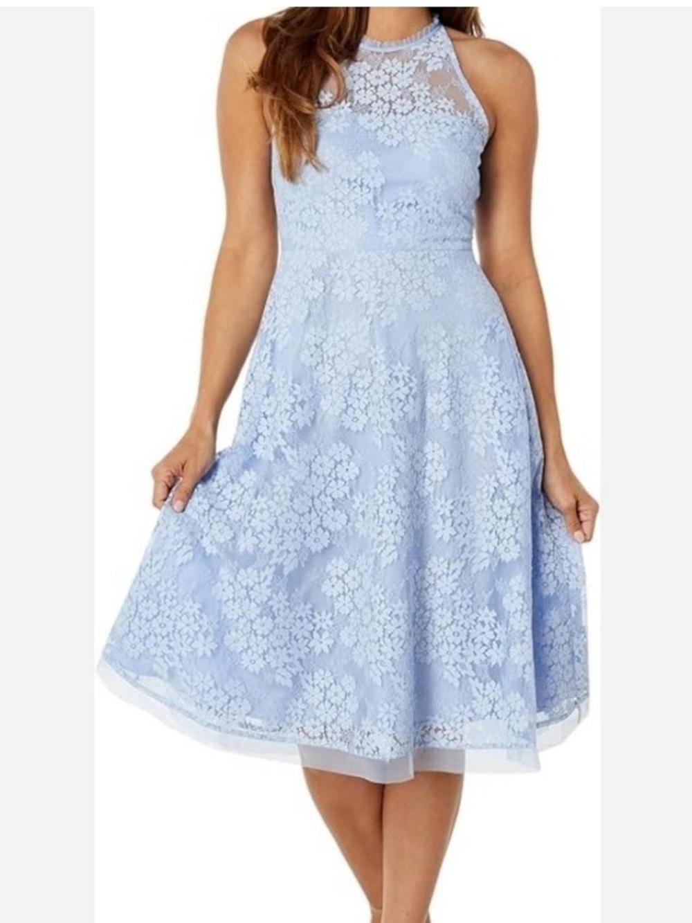 Vince Camuto Women's Lace Halter Midi Dress in pale blue with pockets